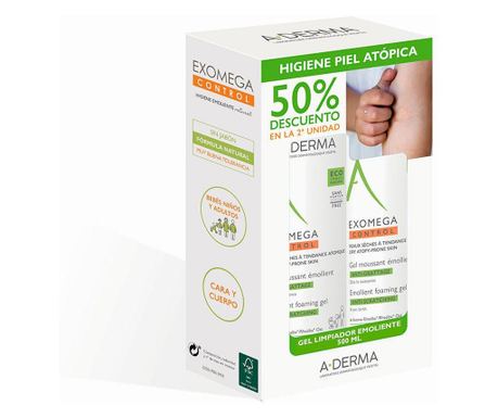 Set penečega čistilnega gela z vlažilnim in pomirjujočim učinkom, A-Derma Exomega Control, 2 x 500 ml