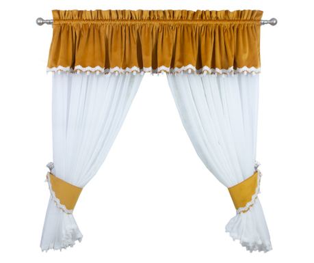 Perdea bucatarie, bumbac alb,cu volan din catifea culoare mustar, cu dantela alba, 280x140