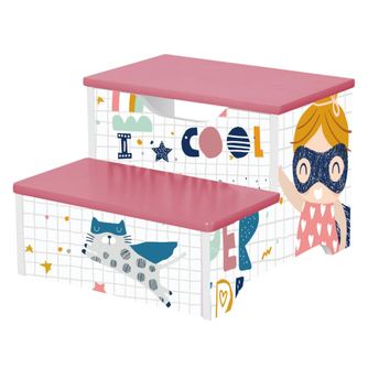 Otroški stolček GINGER HOME, lesena stopnica z 2 nivojema, lestev za otroško sobo, roza, SUPER GIRL