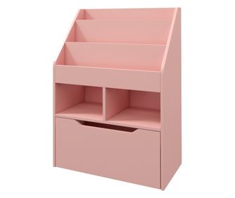 Детска етажерка за книги с рафтове, чекмедже и колелца, стелаж за играчки и книги, 60x29.9x90 см, розова