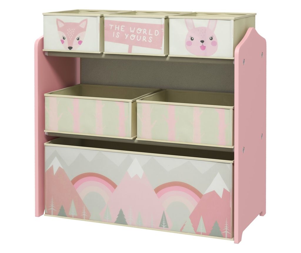 Raft mobil pentru jucării cu 6 containere detașabile din material textil, 63x30x66cm, de culoare roz