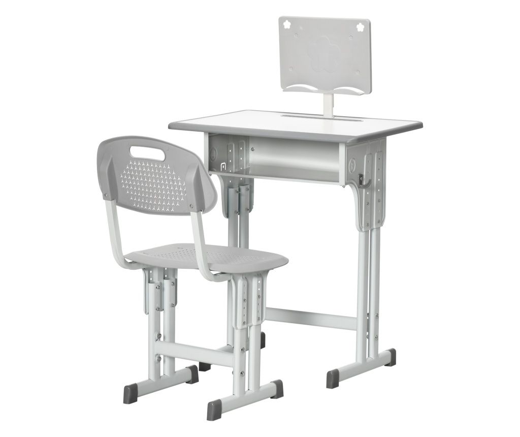 Children's School Desk with Chair, 6-12 Years Old, Height Adjustable, with Bookrest and Pen Holder, Steel and MDF, Grey