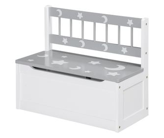Cufar de jucarii moderna 2 in 1, scaun pentru copii, MDF si lemn de pin, 60x30x50 cm, alb si gri