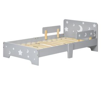 Детско легло (3-6 години) със звезди и луна, МДФ и ПДЧ, 143x76x49 см, сиво и дървесен цвят