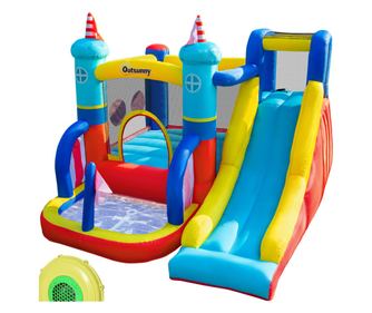 Castel Gonflabil 4 in 1 pentru Copii de la 3 la 8 ani cu Tobogan, Trambulina, Piscina si Pompa inclusa, 265x260x200cm