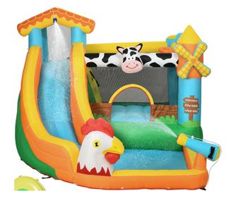 5 in 1 Castel gonflabil pentru copii Casa gonflabila in stil de ferma cu tobogan, trambulina, piscina, pistol cu apa, perete de