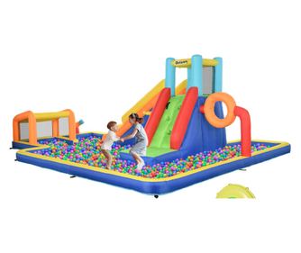 Castel Gonflabil cu Tobogan, Perete de Catarare, Tun de Apa, Inel de Baschet si Poarta de Fotbal, 590x460x220 cm, Multicolor