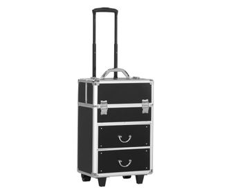 Valiza de make-up profesional din aluminiu si otel armat, cu incuietoare cu 2 chei si roti, negru 36x23x58cm