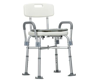 Алуминиев стол за душ с облегалка и подлакътници, регулируема височина, подвижна подплатена възглавница, стол за баня