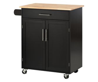 Carucior de Bucatarie cu Sertar si Dulap cu 2 Usi, Insula de Bucatarie cu roti si bara laterala, 83x45x91.5 cm, Negru