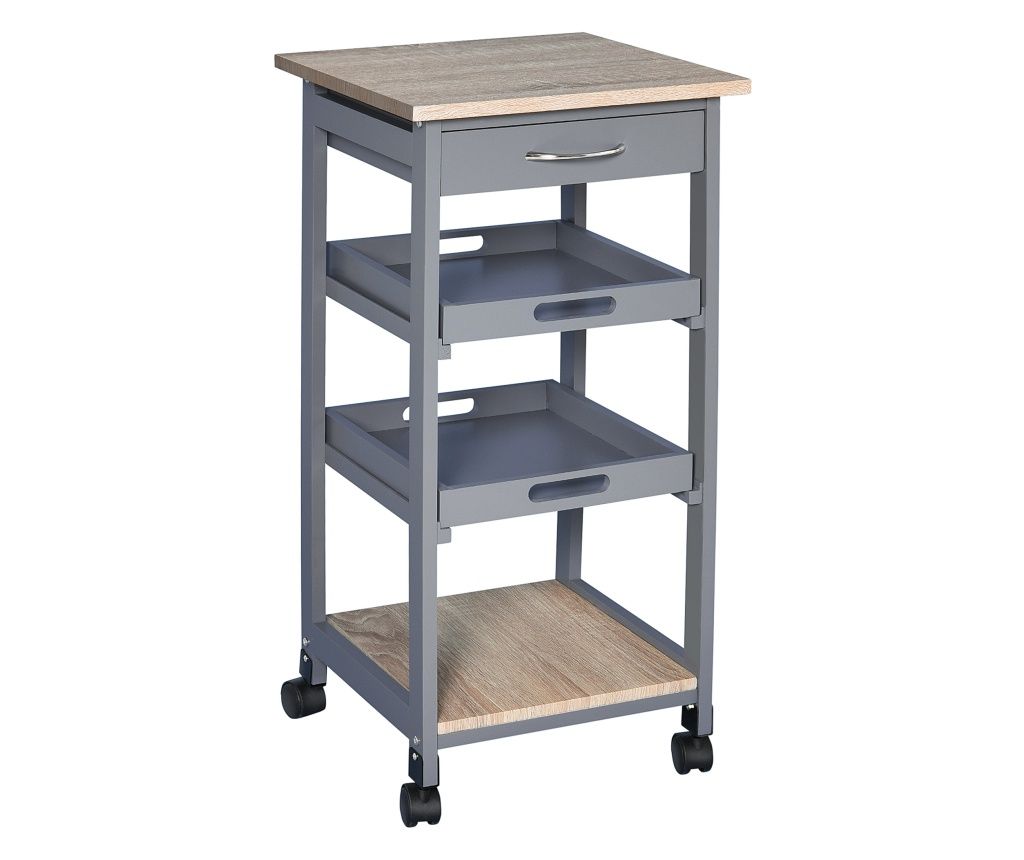 Carucior pentru Bucatarie cu Sertar, 2 Tavi Glisante si Blat Fix, Carucior de Depozitare din MDF, 37x37x76 cm, Gri si Stejar