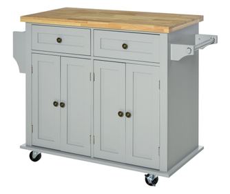 Carut de Bucatarie cu 2 Sertare si 2 Dulapuri, Insula de Bucatarie cu Blat din Lemn, 111x44,5x82,5 cm, Gri