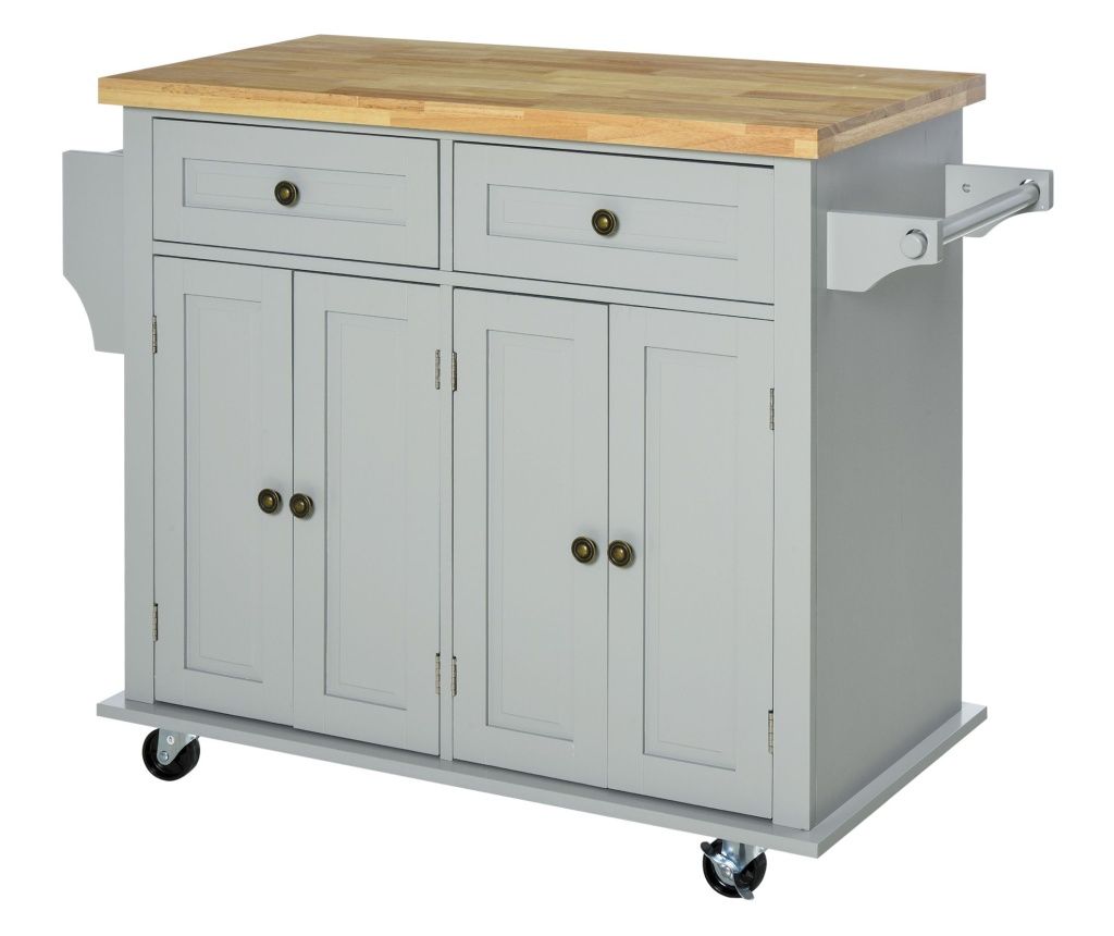 Carut de Bucatarie cu 2 Sertare si 2 Dulapuri, Insula de Bucatarie cu Blat din Lemn, 111x44,5x82,5 cm, Gri