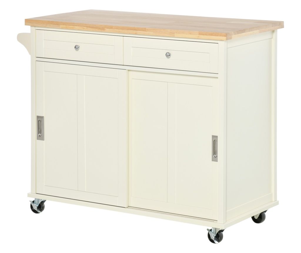 Insula de bucatarie din lemn si MDF cu sertare, dulap si suport pentru prosoape, carucior de bucatarie cu 4 roti, 110x49,5x89,5