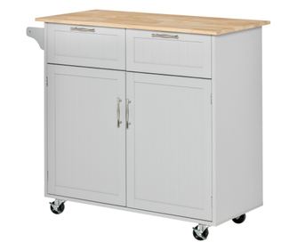 Insula de Bucatarie cu Blat de Lucru din Lemn de Cauciuc, Roti, 2 Sertare, Dulapior si Rafturi, 104x46x91 cm, Gri