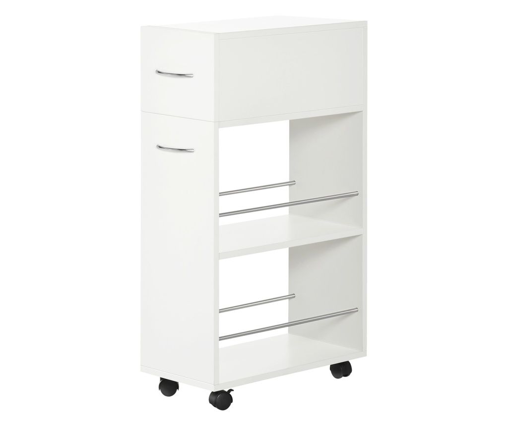 Carucior de bucatarie, carucior de depozitare cu insula de bucatarie sertar si rafturi deschise, alb