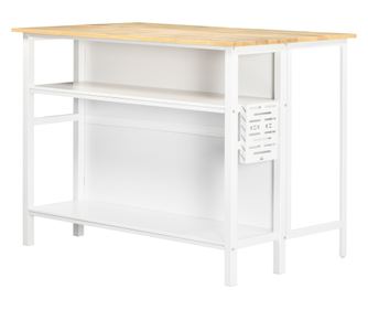 Insula de bucatarie cu suprafata pliabila cu 2 rafturi din lemn si otel, 120x76x91,5 cm, alb