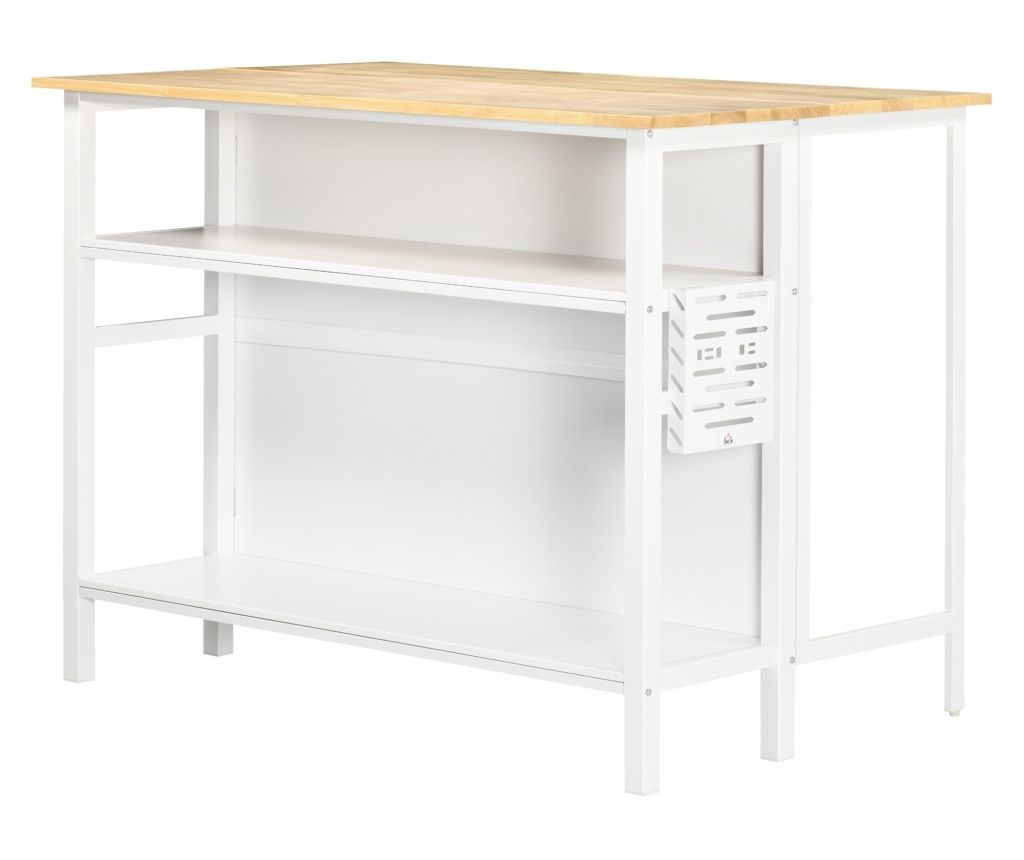 Insula de bucatarie cu suprafata pliabila cu 2 rafturi din lemn si otel, 120x76x91,5 cm, alb