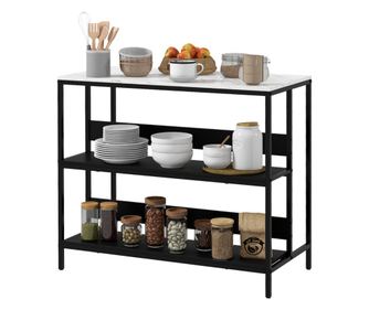 Insula de Bucatarie cu Rafturi Deschise, Carucior de Bucatarie cu Blat cu Imitatie de Furnir cu Textura de Marmura Alba, cu Pici