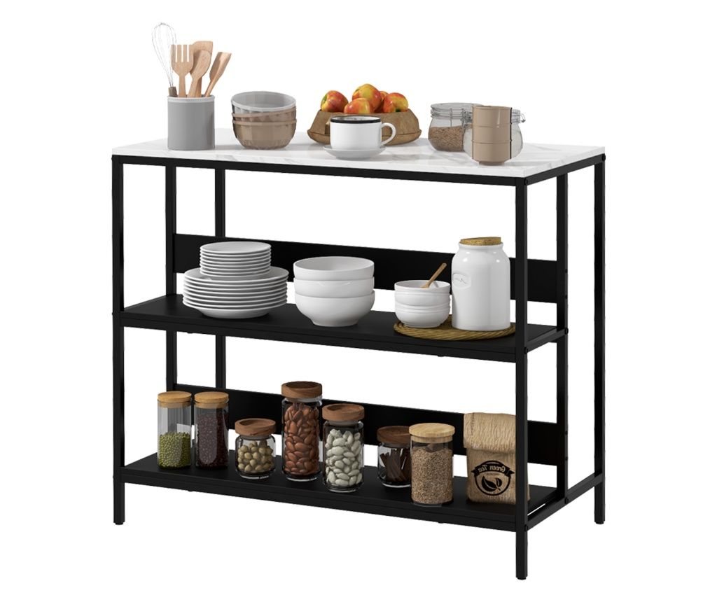 Kitchen Island with Open Shelves, Kitchen Cart with White Marble Texture Veneer Top, with Feet