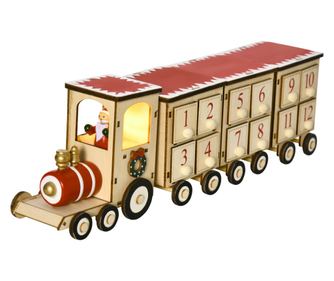 Calendar de Craciun in forma de tren cu Mos Craciun si lumina LED inclusa, din placaj, 40x8x11 cm, lemn si rosu