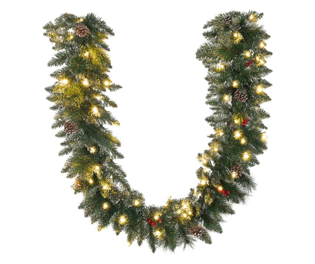 Ghirlandă de Crăciun cu 50 de Lumini LED Albe, Temporizator și Decorațiuni, 180x30x30 cm, Verde