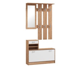 Modern bútorszett cipőtartóval, tükörrel 6 kampóval, 2 polccal és fiókokkal, 90x24x177 cm, natúr fa