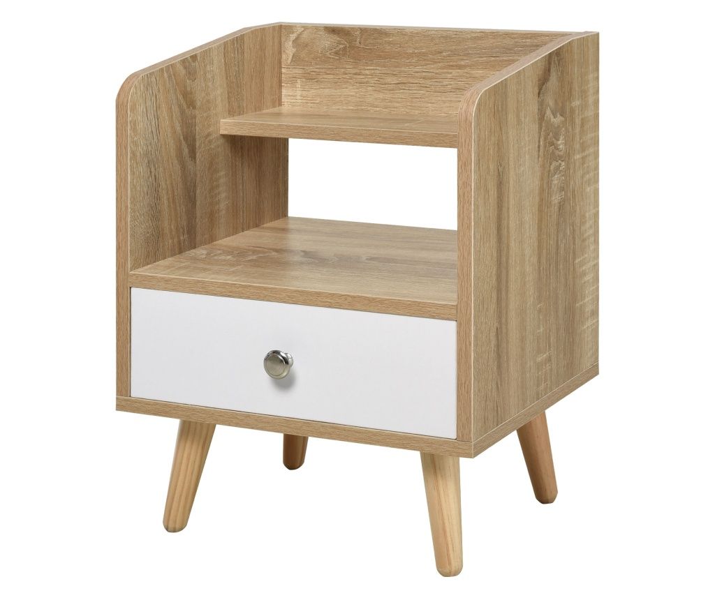 Noptiera Economie Spatiu Mobilier cu Sertar si Raft in Lemn 37x30x48cm - Stejar / alb