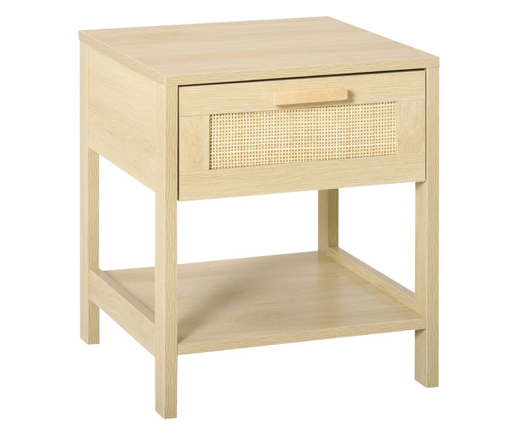 Noptiera Moderna din MDF, Noptiera cu Sertar si Raft Inferior pentru Depozitare, 40x40x48 cm, culoare Lemn Natur