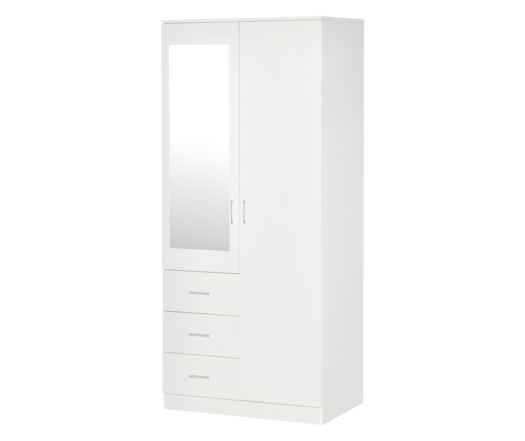 Modern 2-Door Wardrobe with Mirror and 3 White Drawers