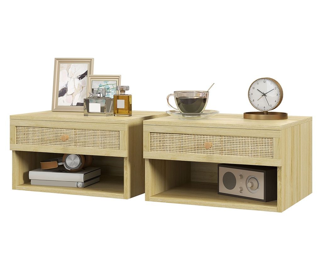 Set 2 Noptiere Plutitoare, Noptiere Nordice cu Sertar din Ratan si Raft Deschis pentru Dormitor, 40x34x23 cm, Efect de Lemn Natu
