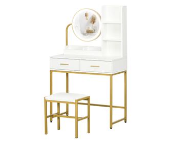Тоалетка с огледало с осветление и стол, маса за гримиране с чекмеджета и рафтове, 80x40x138 см, бяла