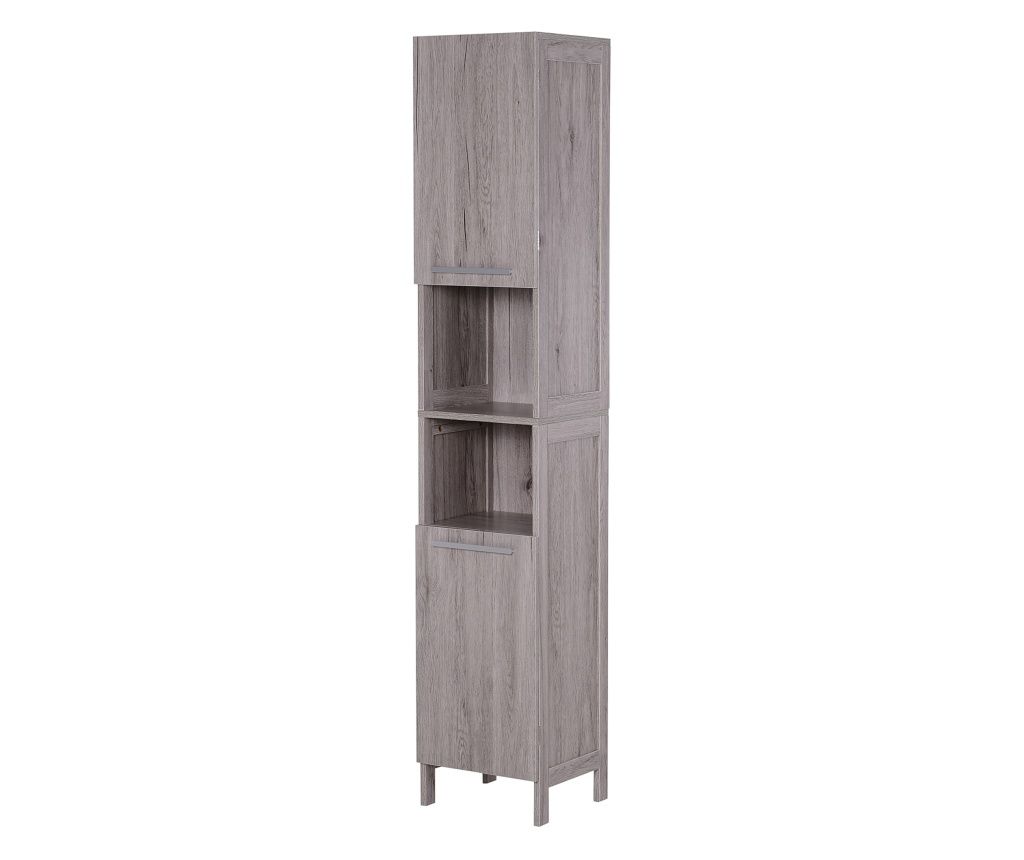 Bathroom Column with 2 Cabinets and 2 Open Shelves, MDF Bathroom Cabinet with Smooth Wood Grain Surface