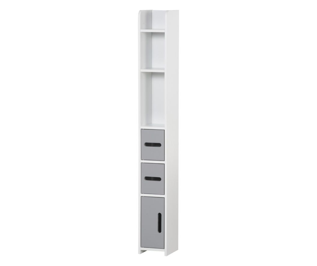 Bathroom Column with Shelves and Cabinets, Space-Saving Tall Wooden Bathroom Cabinet, 15x17x120cm, White and Gray