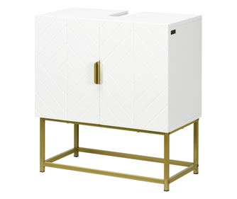 Masca pentru chiuveta cu dulap cu 2 usi, mobilier modern din lemn si otel cu decoratiuni geometrice, 60x30x65cm, alb si auriu
