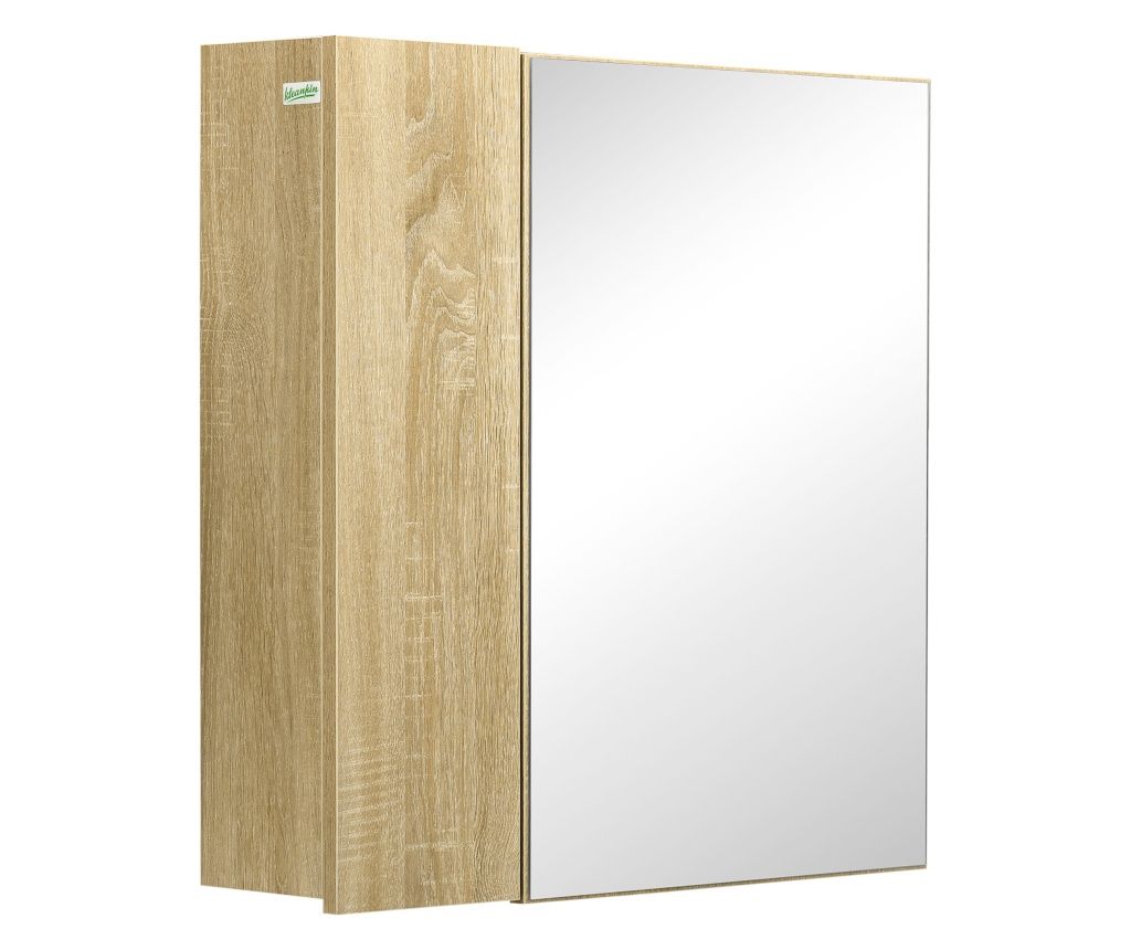 Dulap cu oglinda pentru baie cu montaj pe perete, dulap pentru baie cu oglinda, usi duble si rafturi de depozitare, natural