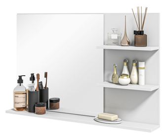 Огледало за баня с рафтове за съхранение, правоъгълно огледало за грим, за стенен монтаж, бяло