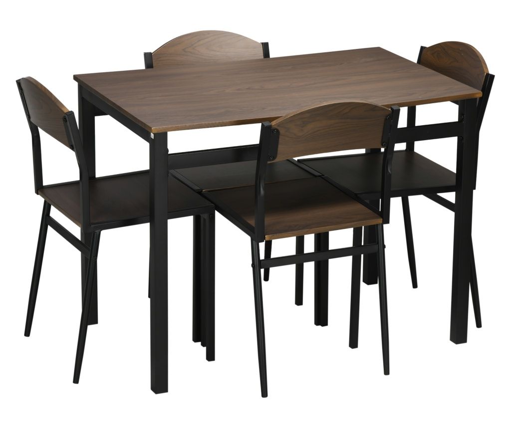 Set de sufragerie 5 piese cu 1 masa dreptunghiulara 100x63x76,5 cm si 4 scaune 45x40x82 cm, otel si MDF, maro negru
