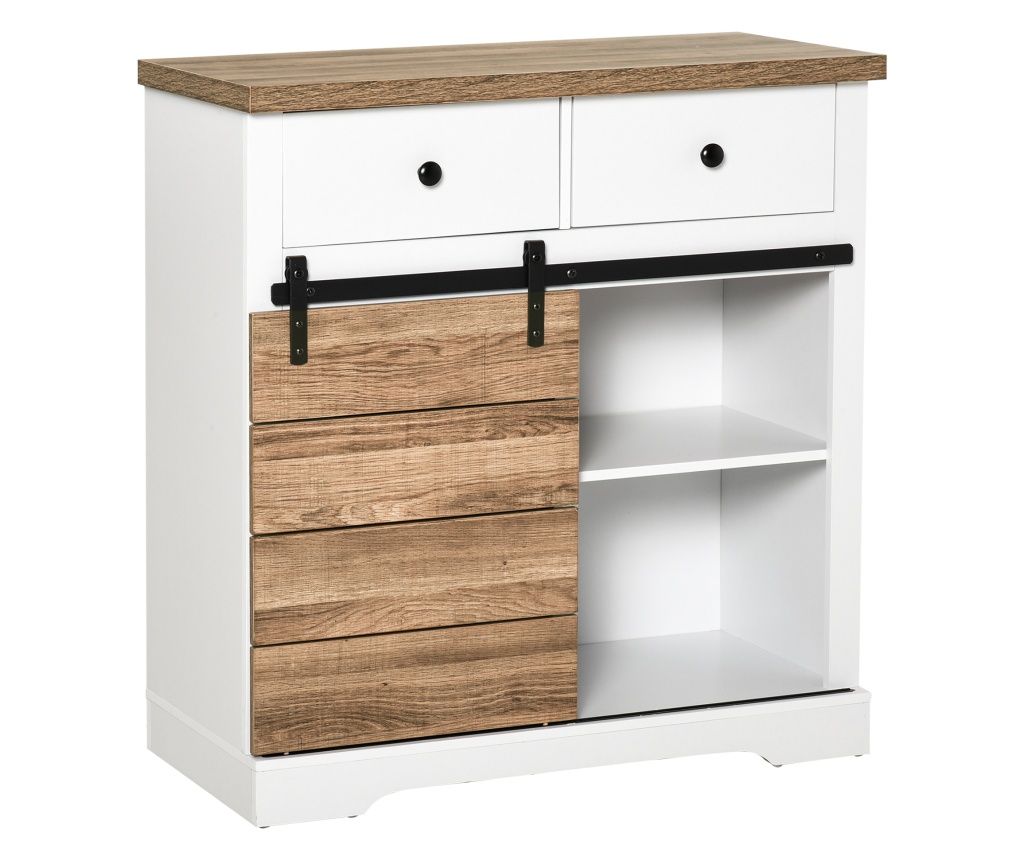 Rustic Kitchen Cabinet with 2 Drawers, Open Shelves, and Bottle Rack, Wood and Metal Buffet, 80x39x86 cm, White