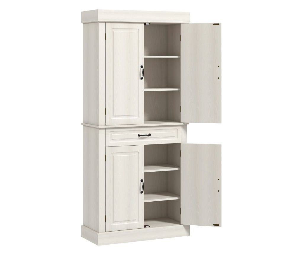 Kitchen Buffet with 2 Cabinets and Drawer, Colonial Style Wooden Pantry Cabinet, 80x35x180cm White