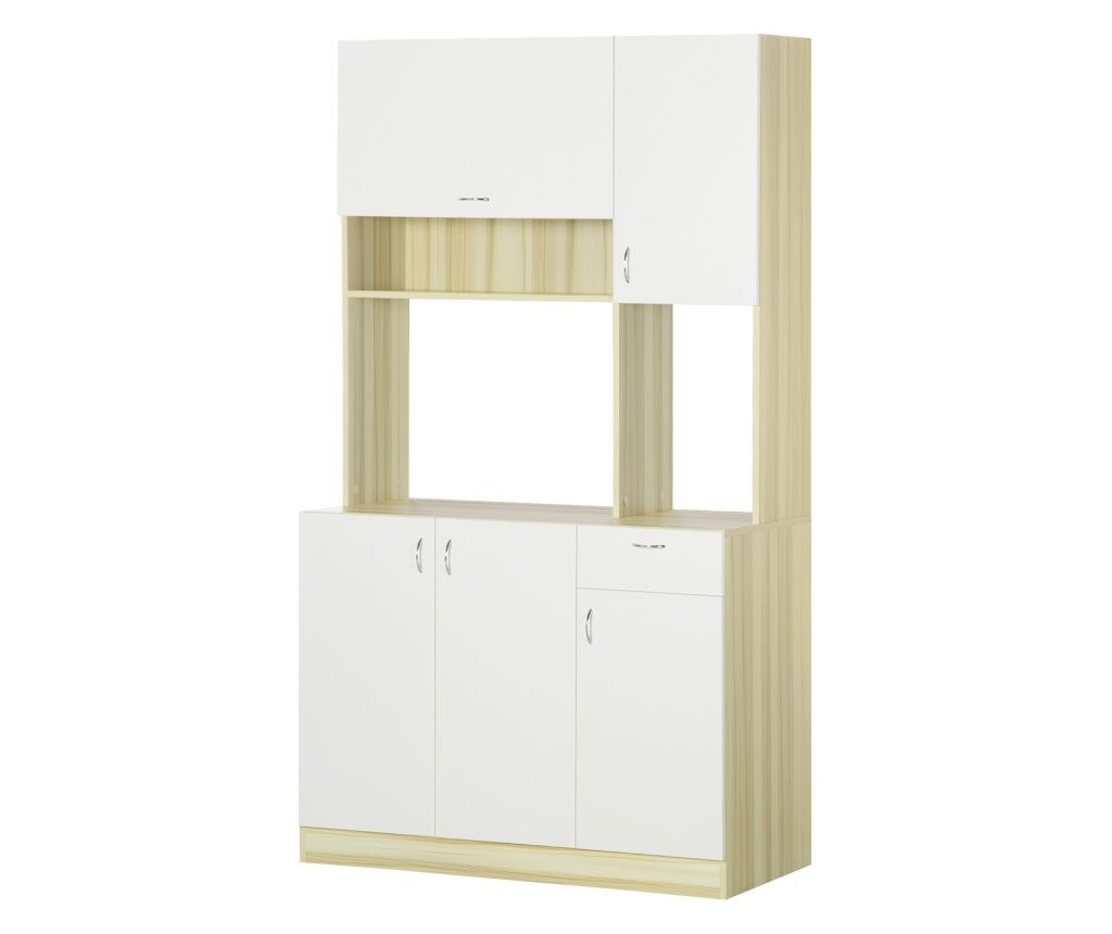 Kitchen Cabinet with 4 Doors, 3 Cupboards, Drawer, Wall Cabinet and Chipboard Shelf, 102x48x180cm, White and Wood Color