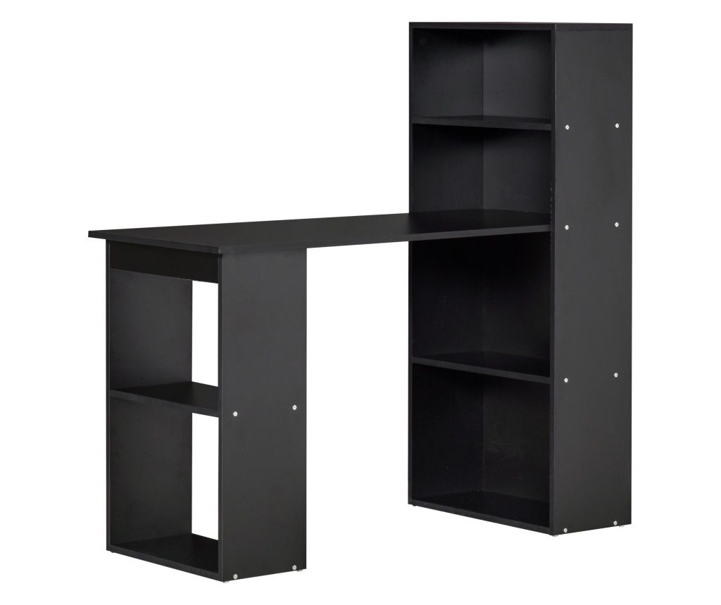 Modern Home Office Desk with Tiered Storage Shelves, Writing Table with Bookshelf, Black for Living Room Bedroom