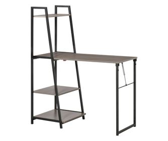 Birou Pliabil cu Biblioteca pe 4 Niveluri, Birou Economizor de Spatiu din Metal si Lemn, 106x48x128 cm, Gri