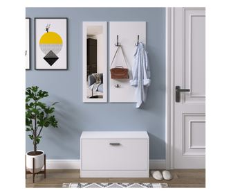 Mobilier pentru Hol din Lemn Set 3 Piese cu Suport pantofi, Suport haine si Oglinda, 80x27x46,5cm - Alb