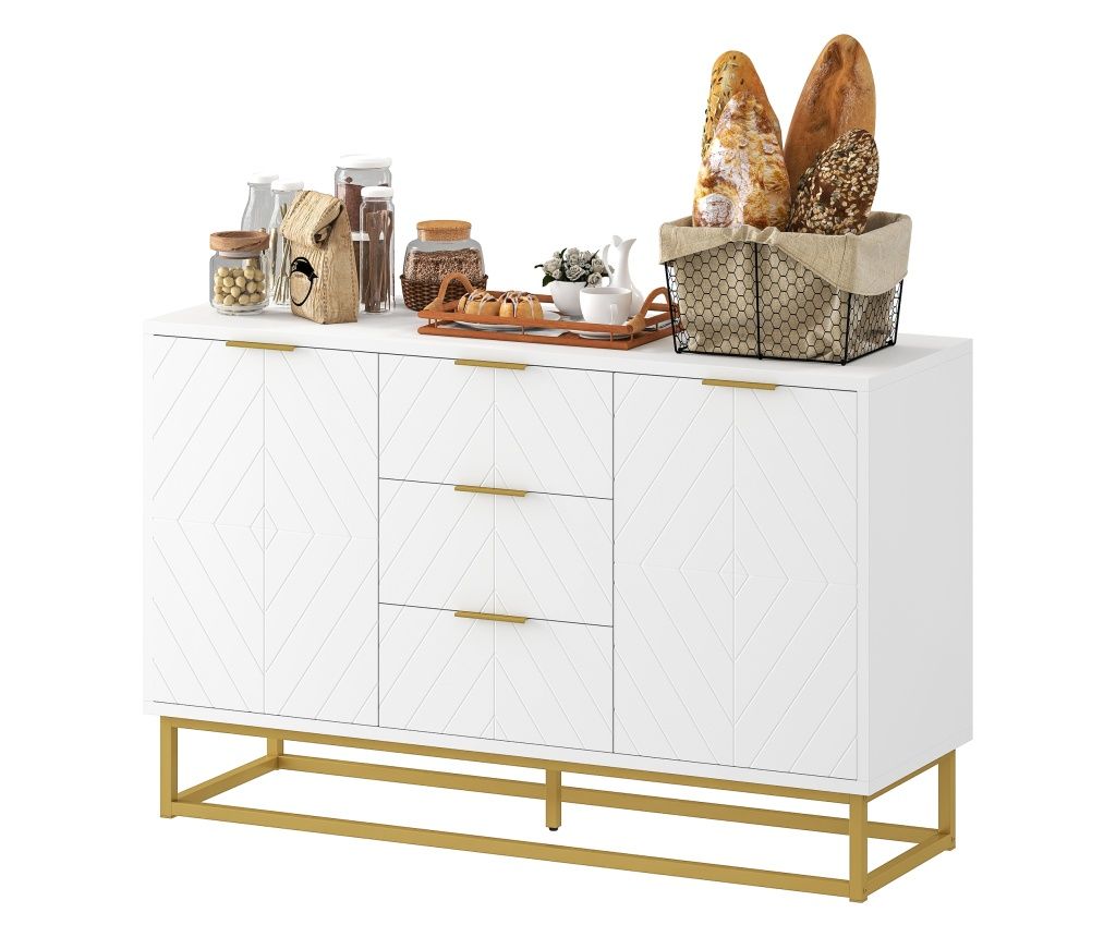 Modern White Floor Cabinet Sideboard for Kitchen with 3 Drawers