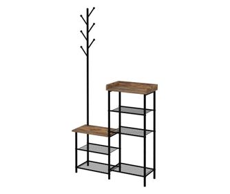 Cuier pentru Haine de Podea cu 6 Carlige din PAL si Otel cu Dulap de Pantofi cu mai multe Rafturi, 92.5x28.2x182 cm, Maro