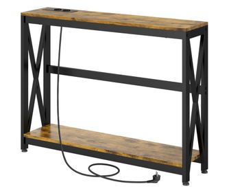 Тясна конзолна маса, индустриална двуетажна маса, тясна маса за диван със стоманена X-образна рамка, 100x24x75 см, кафява