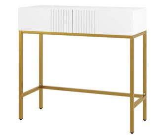 Masa Consola cu 2 Sertare, Masa Moderna de Intrare cu Baza din Otel in Ton Auriu, Canapea Extensibila, 80x31.5x75 cm, Alb