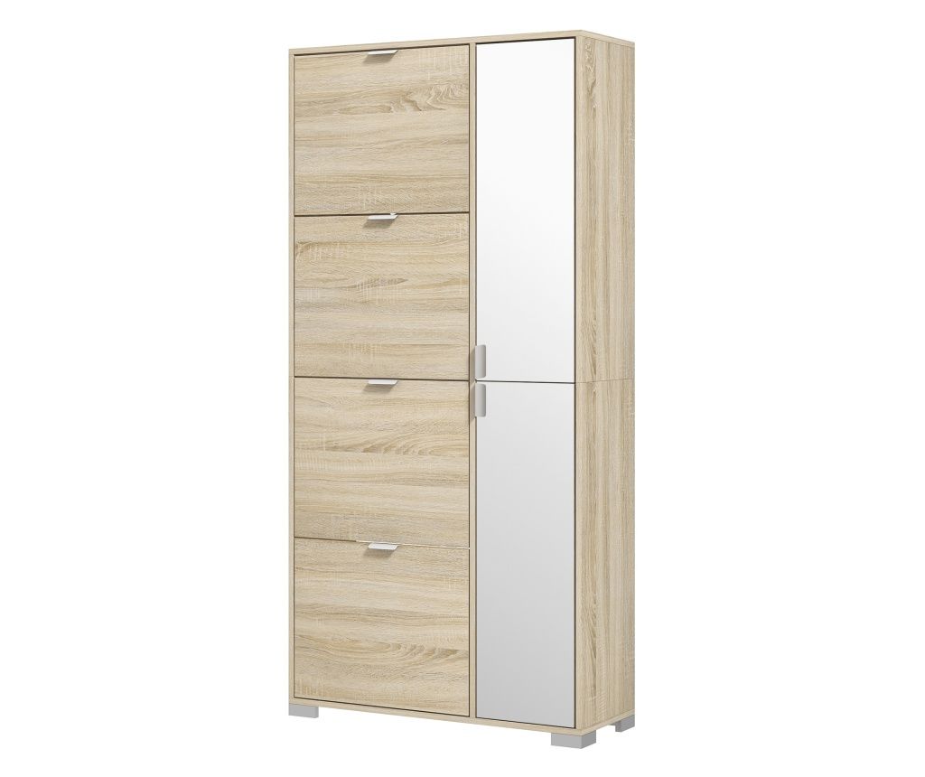 Dulap pentru Pantofi Slim înalt cu 2 Uși Oglindă și 4 Sertare Rabatabile, Dulap de Hol cu Rafturi Ajustabile, 2 Dulapuri, 5 Pici