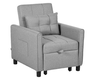 Fotoliu Pat Individual cu Spatar Reglabil pe 3 Nivele, 2 Roti si Perna din Tesatura, 69x82x85 cm, Gri